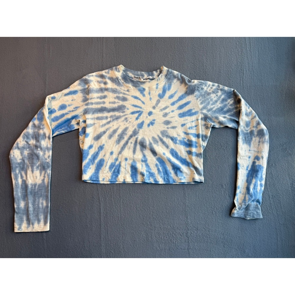 Pam & Gela Blue White Tie Dye Cropped Long Sleeve T-Shirt Size P Petite XS